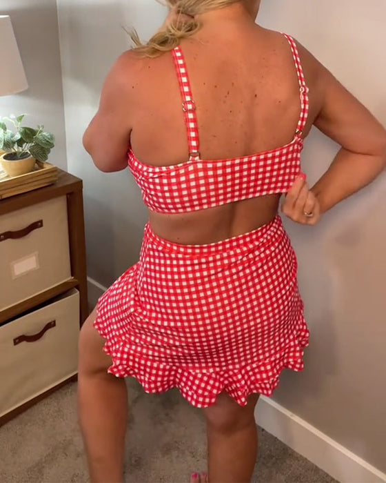 Strój kąpielowy na co dzień, na ramiączkach, w kratę, dwuczęściowy