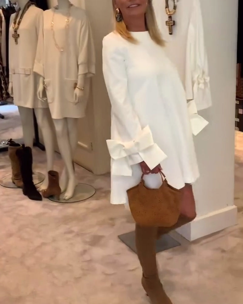 Sukienka Modna Okrągły Dekolt Kokarda Rękaw