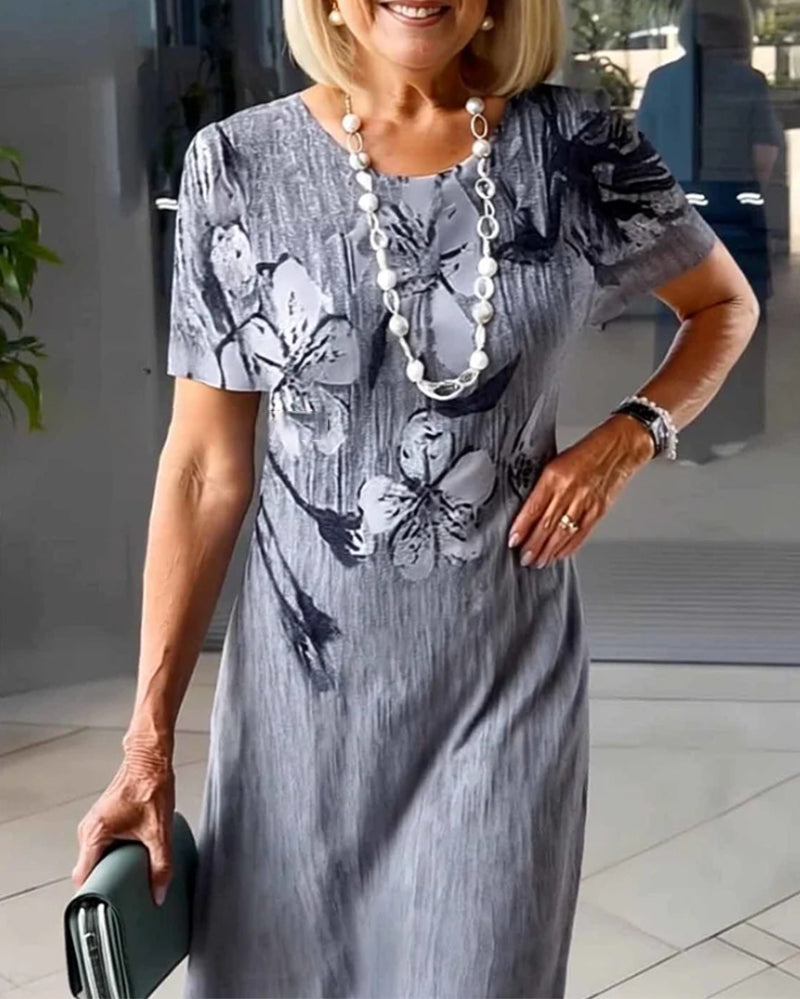 Sukienka Okrągły Dekolt Krótkie Rękawy Drukowana