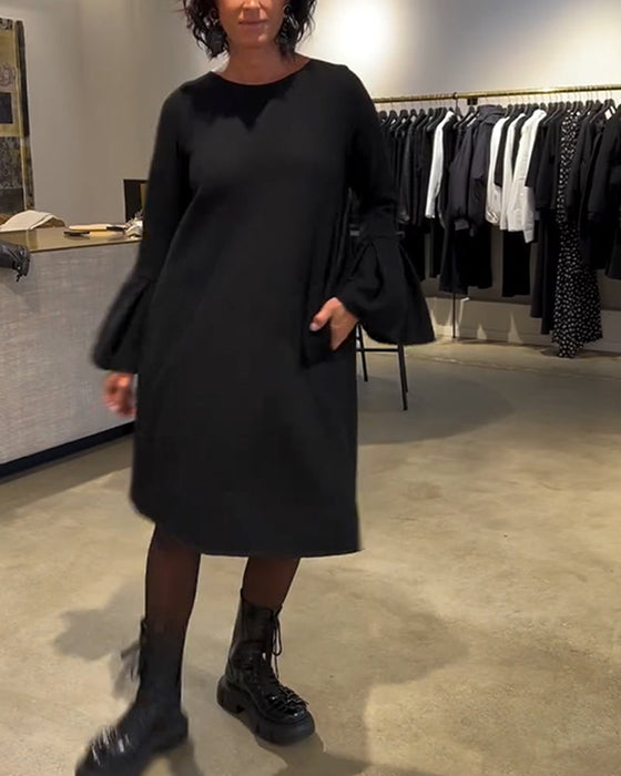 Sukienka Jednokolorowy Rozkloszowany Rękaw Marszczony