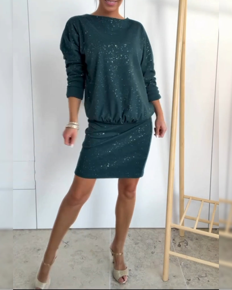 Sukienka Okrągły Dekolt Drobny Brokat Modna