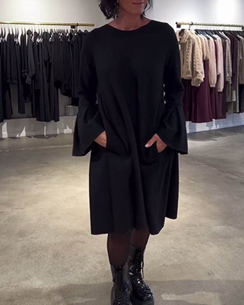 Sukienka Jednokolorowy Rozkloszowany Rękaw Marszczony