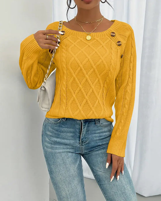 Sweter Jednokolorowy Rękaw Raglan Sprzączka Warkocz Ścieg