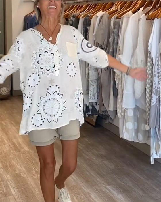 Bluzka Uniwersalna Dekolt W S Nadruk Połdługie Rękawy