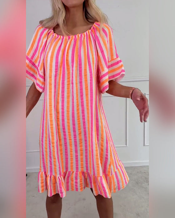 Sukienka Okrągły Dekolt W Paski Plisowana Prosty Krój