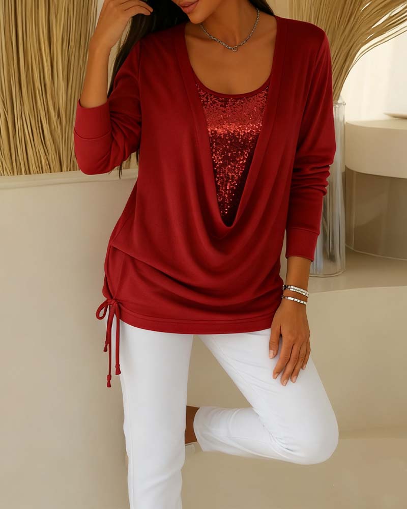 Bluzka Z Cekinami W Kontrastowych Kolorach, Imitacja Dwuczęściowej