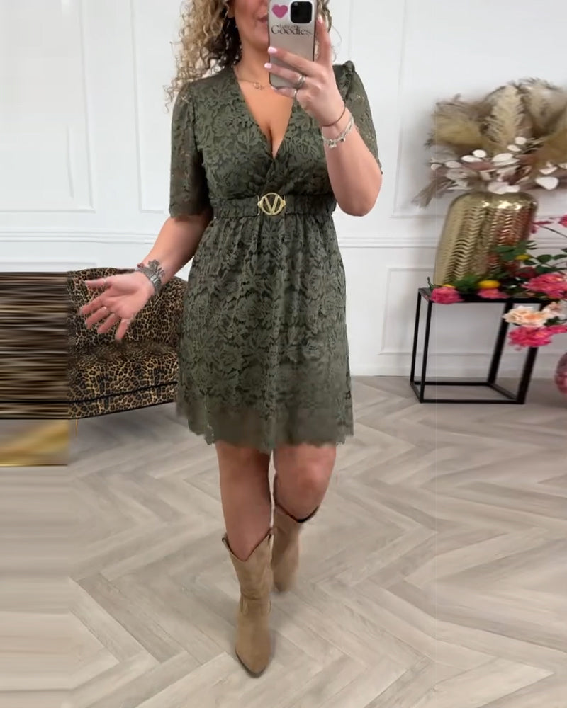 Sukienka V-Kształtny Dekolt Koronka Krótkie Rękawy