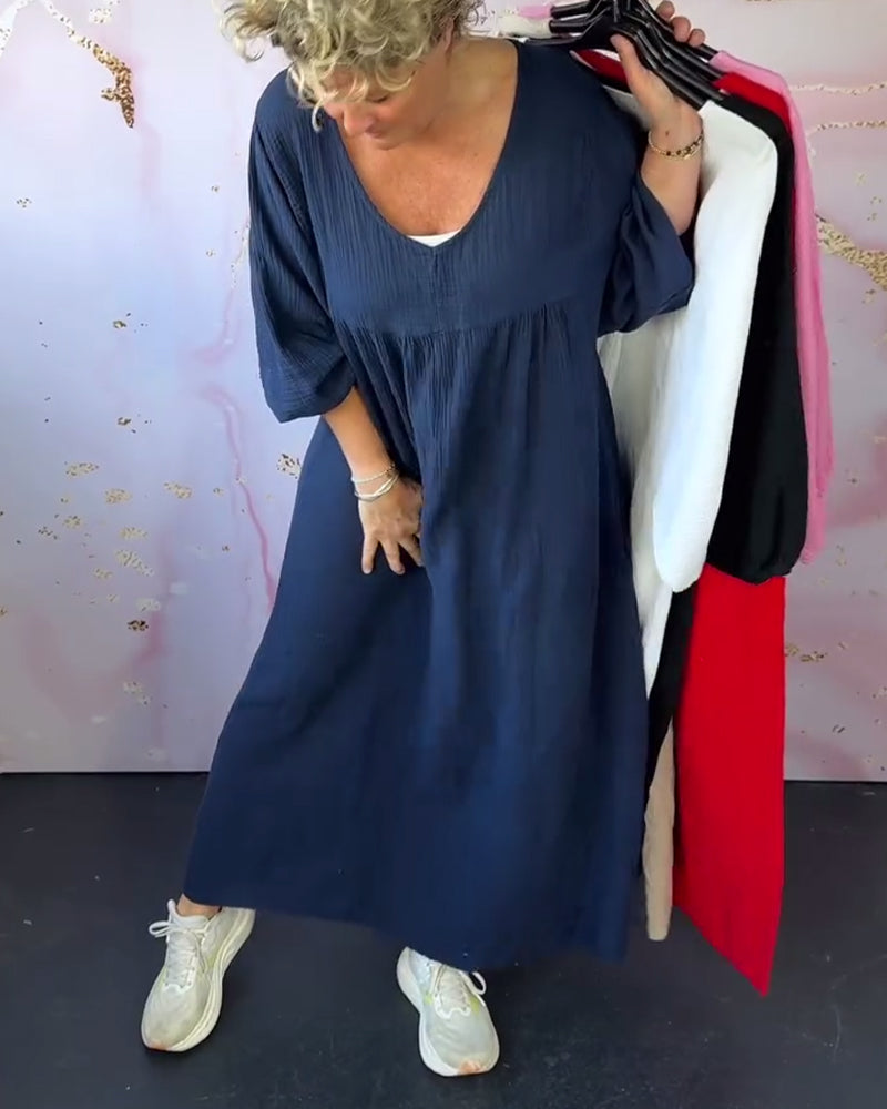 Sukienka Leśny Styl Dekolt W Serek Marszczona Gładka