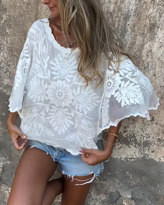 Bluzka Motylkowy Rękaw Okrągły Dekolt Haftowany