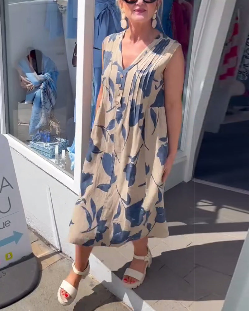 Sukienka Dekolt W Serek Bez Rękawów Drukowana