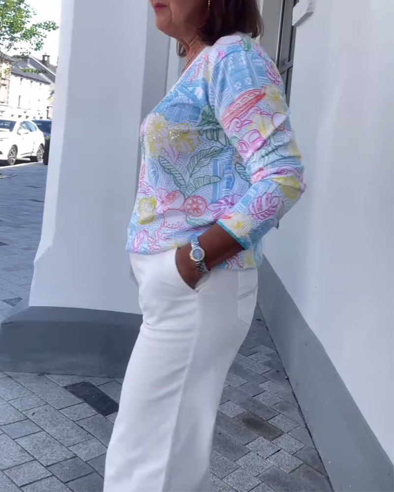 Sweter Z Dekoltem W Serek Z Nadrukiem Modny