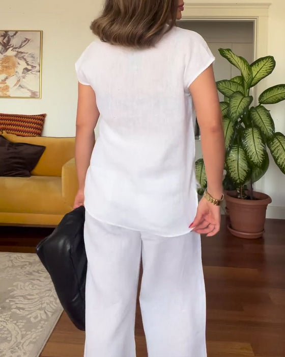 Garnitur Bawełna I Len Jednokolorowe Casual Spodnie