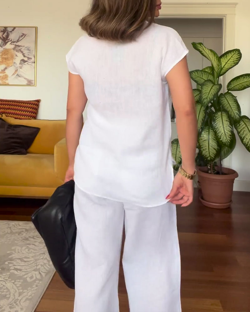 Garnitur Bawełna I Len Jednokolorowe Casual Spodnie