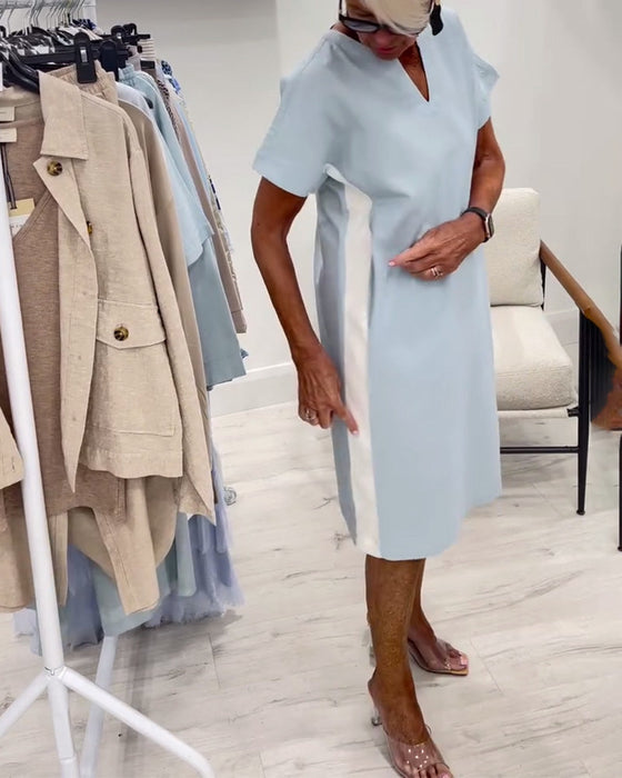 Sukienka Z Krótkim Rękawem Kontrastowy Kolor Prosta