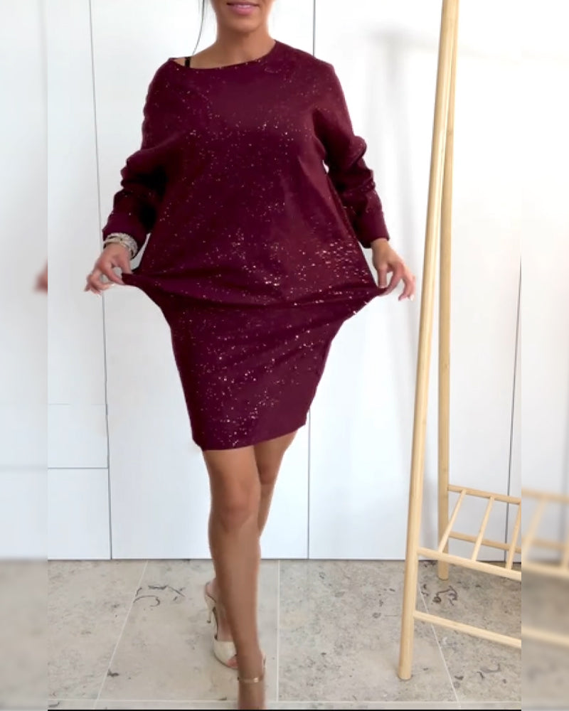 Sukienka Okrągły Dekolt Drobny Brokat Modna