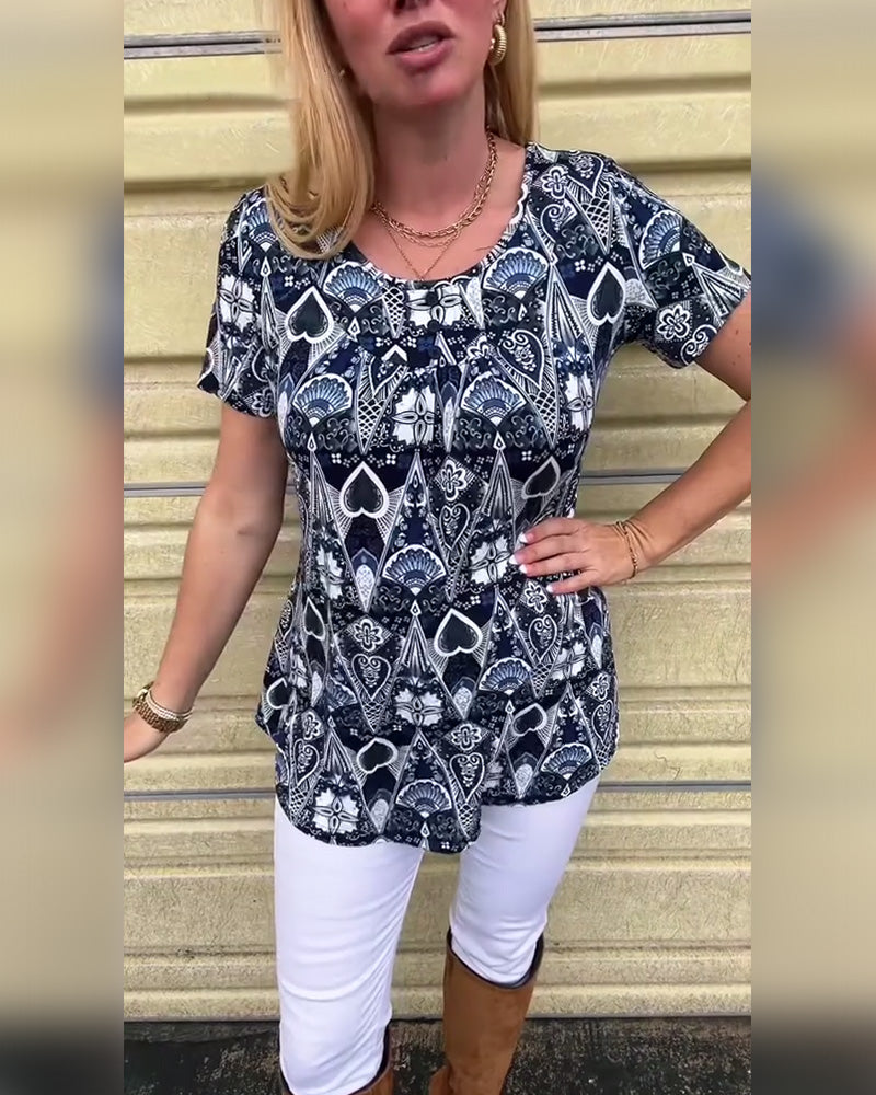 Koszulka casual retro okrągły dekolt nadruk