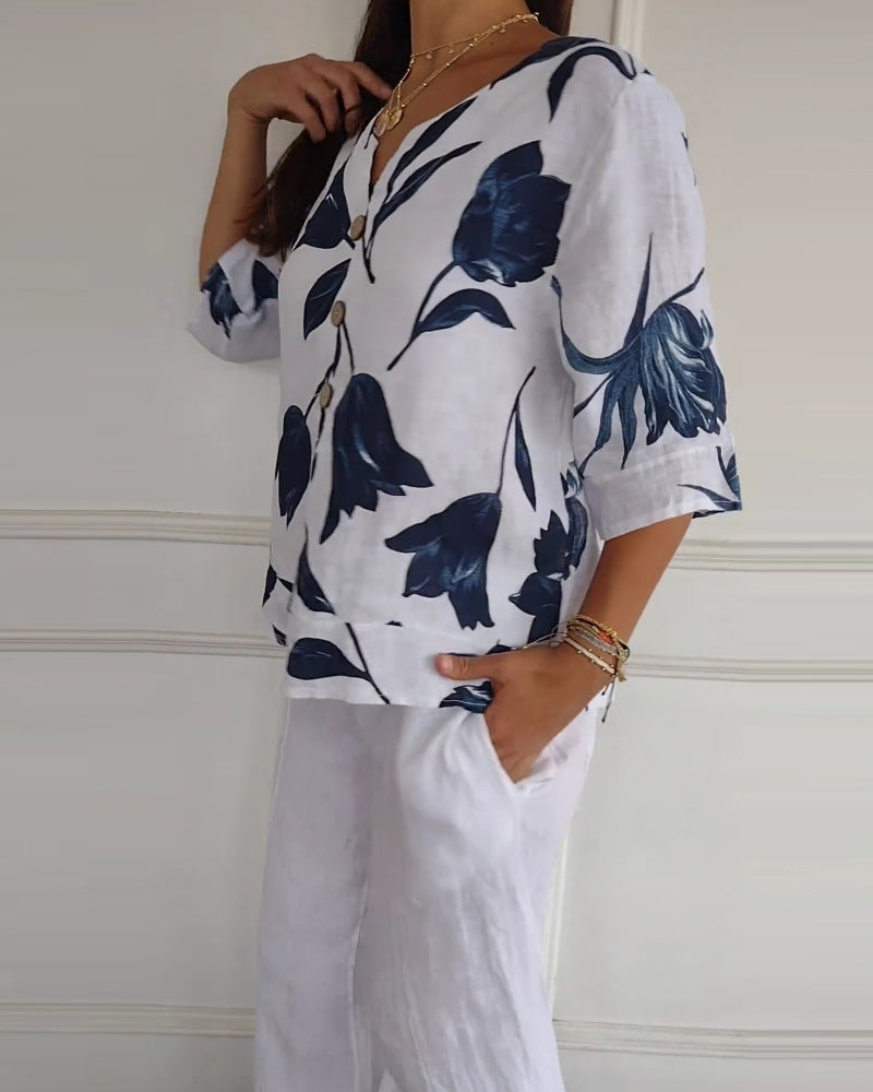 Bluza zapinana na guziki z bawełny i lnu w kwiatowy wzór