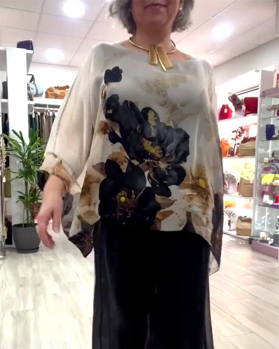 Bluzka Z Długim Rękawem Nieregularna Duży Kwiatowy Wzór