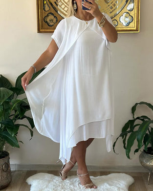 Sukienka Fałszywa Dwuczęściowa Podwójna Warstwowa Luźna Krótkim Rękawem