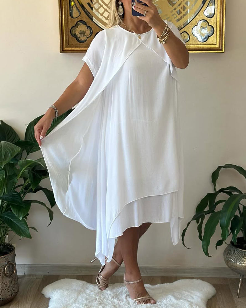 Sukienka Fałszywa Dwuczęściowa Podwójna Warstwowa Luźna Krótkim Rękawem