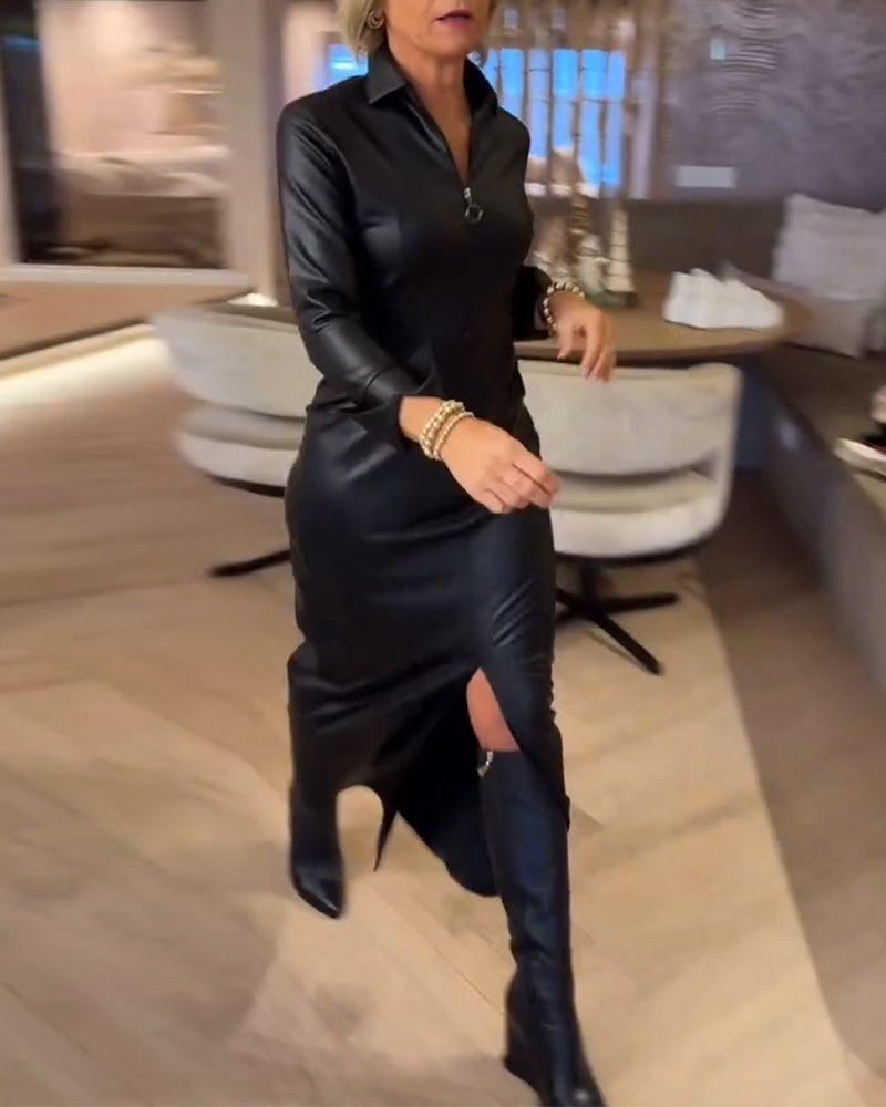 Sukienka Klapa Zamek Błyskawiczny Pu Modna