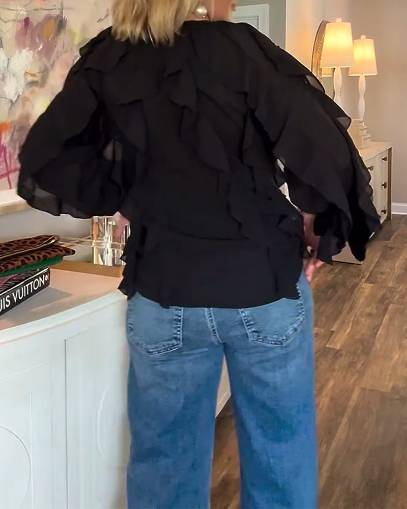 Falbaniasta, Zwiewna Koszula W Jednolitym Kolorze