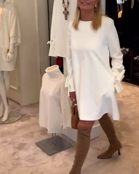 Sukienka Modna Okrągły Dekolt Kokarda Rękaw