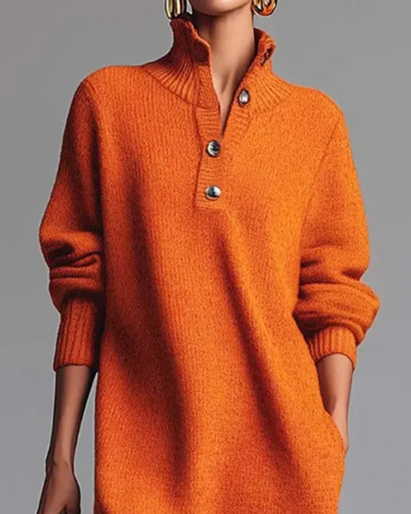 Jednokolorowa Sukienka Z Guzikami I Wysoką Szyją