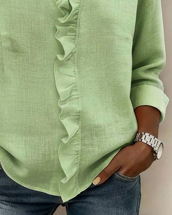 Bluzka Falbana V Dekolt Długi Rękaw