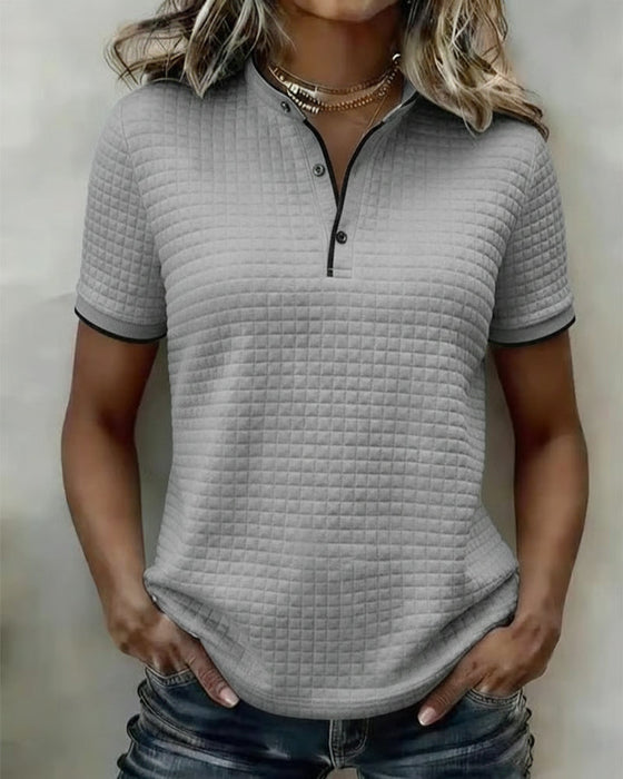 Top Wzór Wafelkowy Zapinany Na Guziki Krótki Rękaw