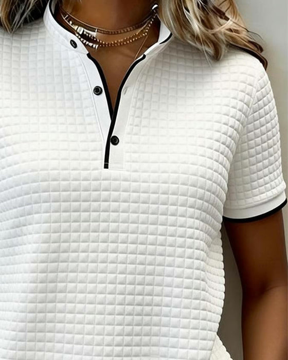 Top Wzór Wafelkowy Zapinany Na Guziki Krótki Rękaw