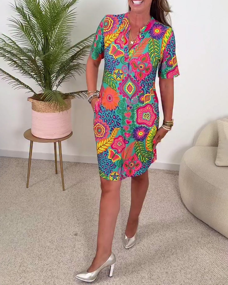 Sukienka Moda Krótki Rękaw Kwiatowy Nadruk