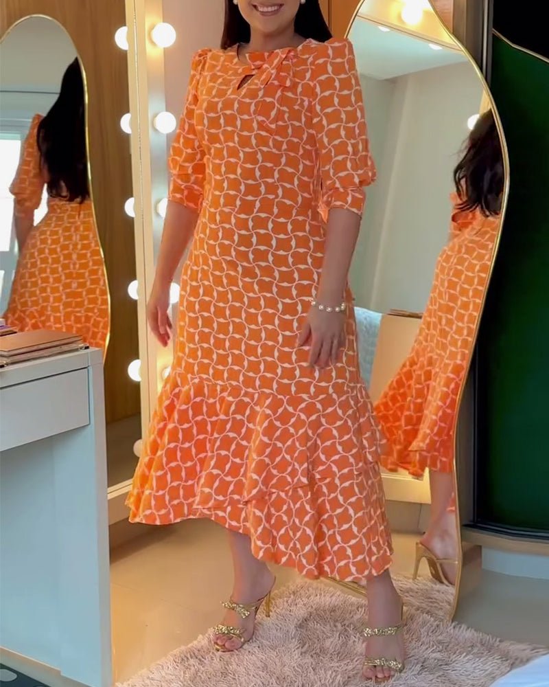 Sukienka Pół Rękaw Rund Hals Talia Drukowana