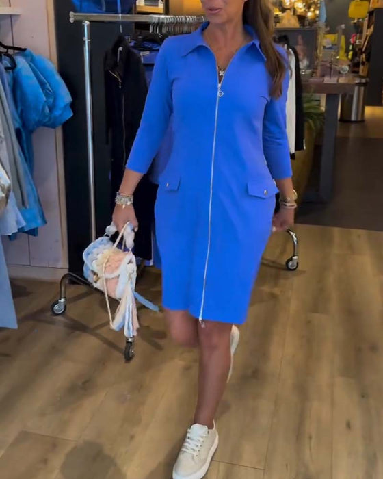 Sukienka Kołnierz Jednokolorowy Zamek Długi Rękaw