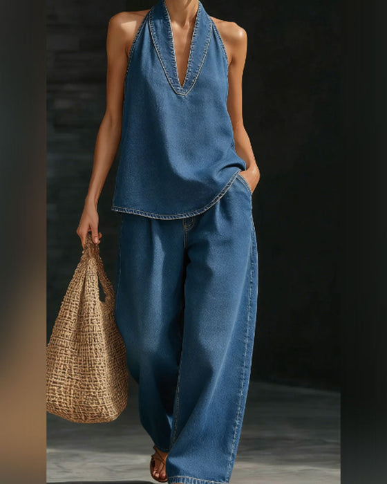 Set Moda Halter Szyja Denim