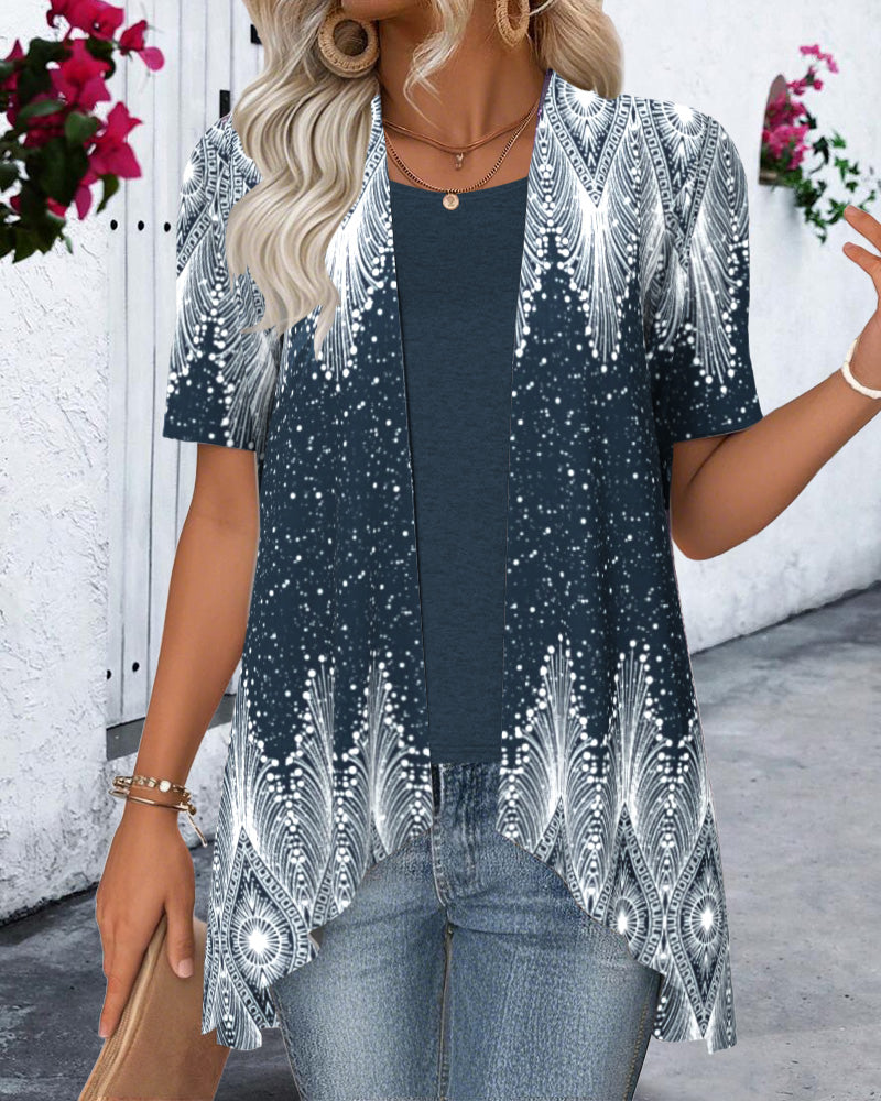 Bluzka Nieregularna Krótki Rękaw Pozycjonowanie Fałszywy Dwuczęściowy