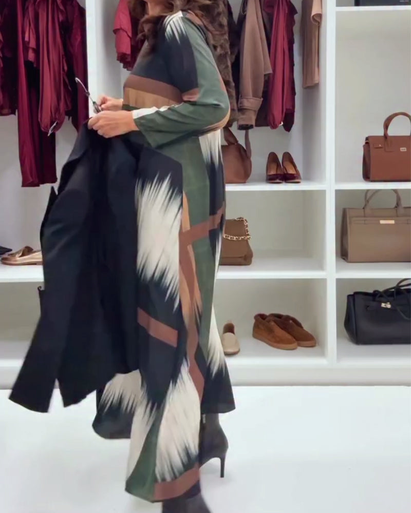 Modna Drukowana Sukienka Z Okrągłym Dekoltem I Długimi Rękawami