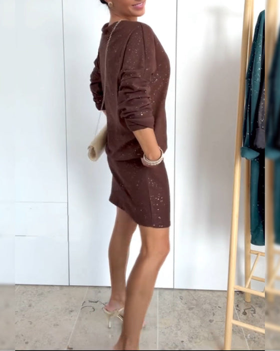 Sukienka Okrągły Dekolt Drobny Brokat Modna