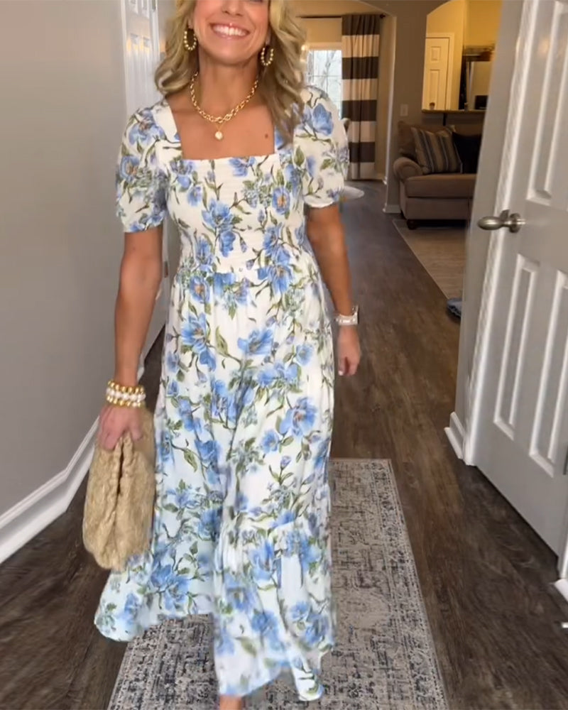 Sukienka Kwadratowy Dekolt Plisowany Kwiatowy A-Linii