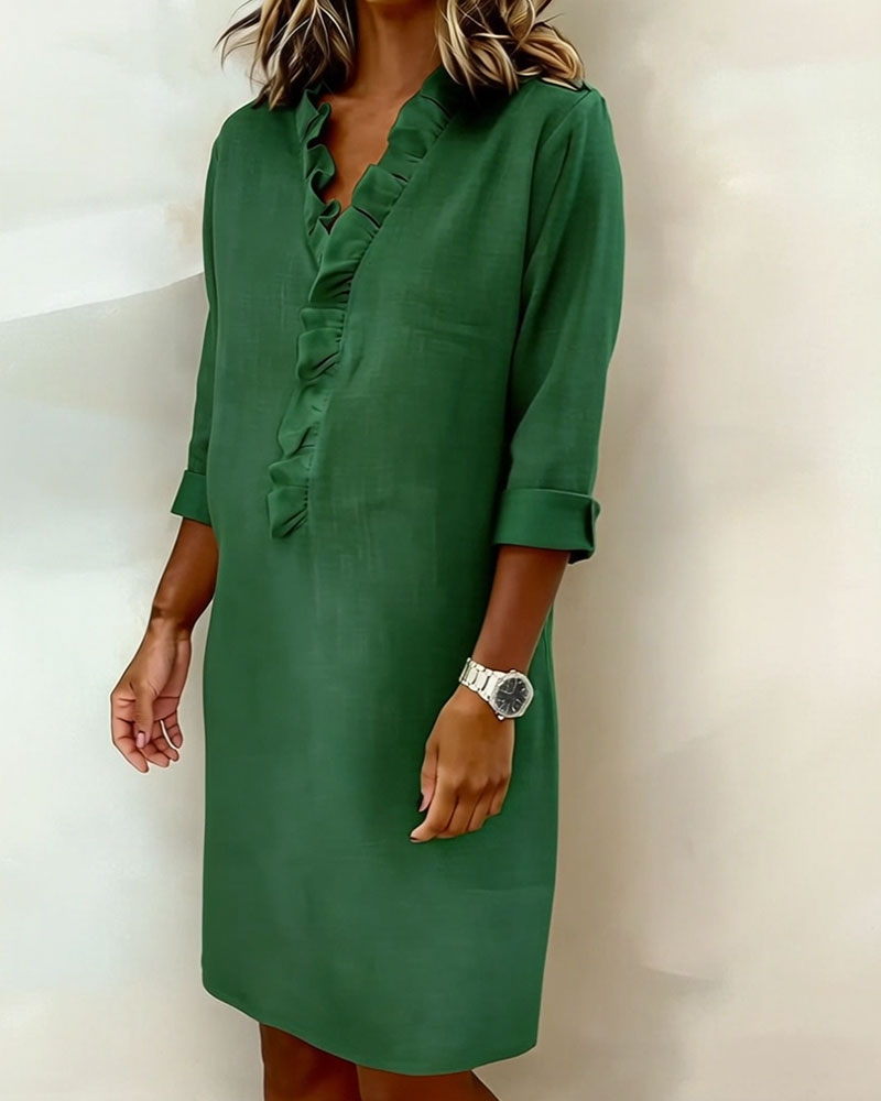 Sukienka Plisowany Dekolt W Serek Jednokolorowa