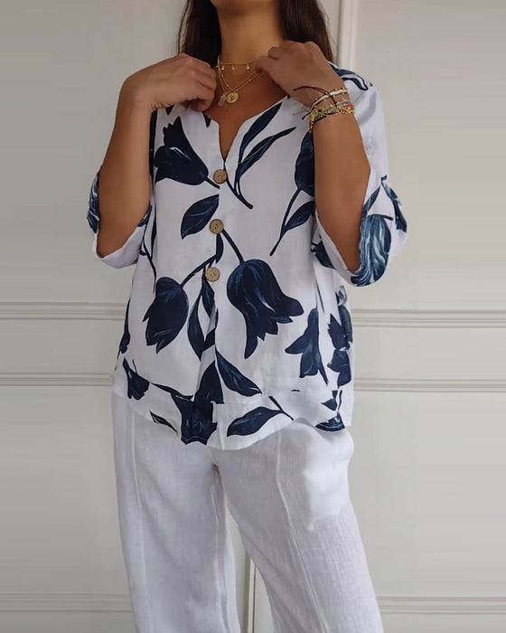 Bluza zapinana na guziki z bawełny i lnu w kwiatowy wzór