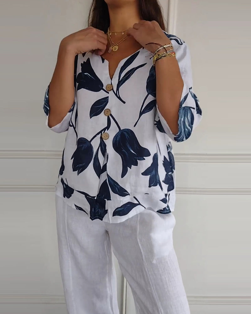 Bluza zapinana na guziki z bawełny i lnu w kwiatowy wzór