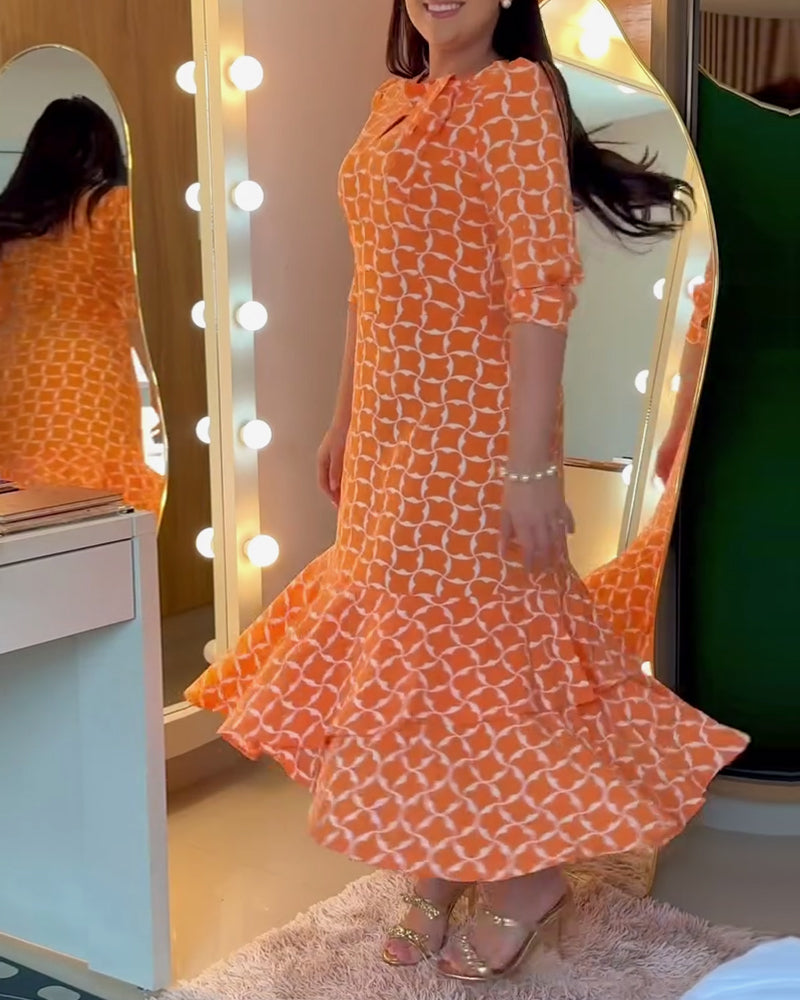 Sukienka Pół Rękaw Rund Hals Talia Drukowana