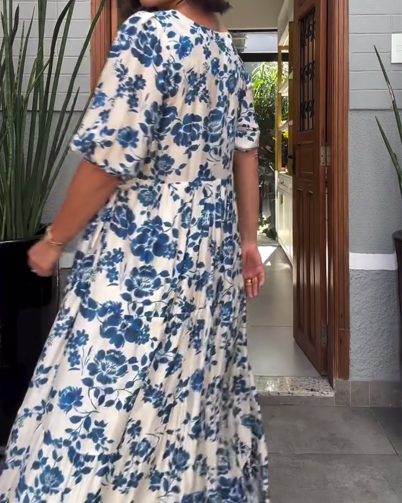 Sukienka Krótki Rękaw Kwiatowy Nadruk