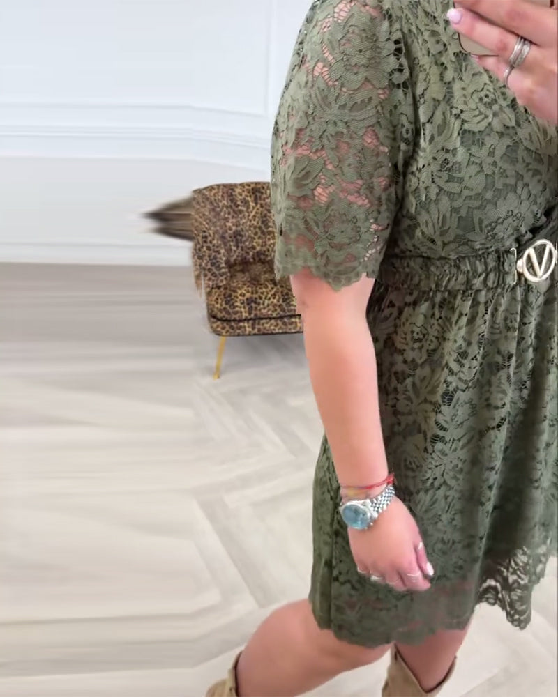 Sukienka V-Kształtny Dekolt Koronka Krótkie Rękawy