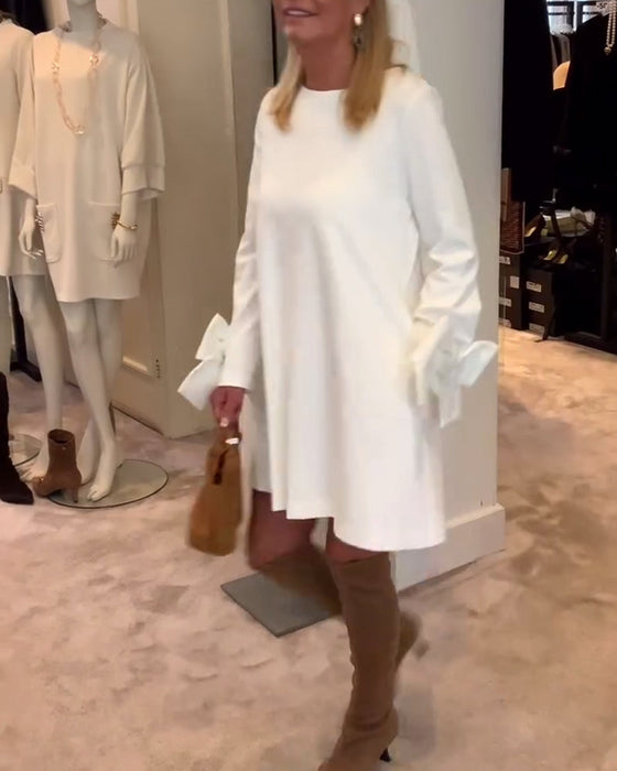 Sukienka Modna Okrągły Dekolt Kokarda Rękaw