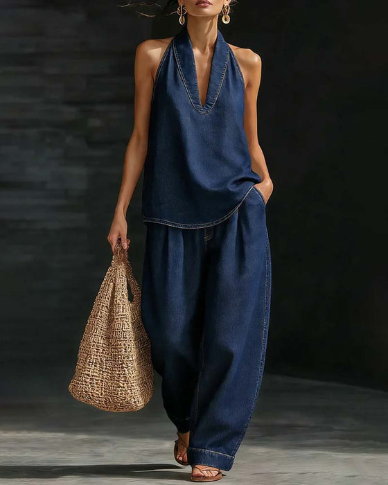 Set Moda Halter Szyja Denim