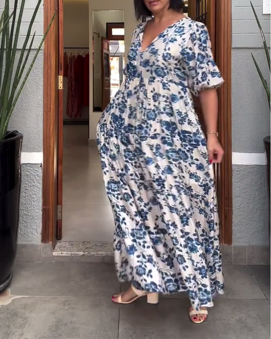 Sukienka Krótki Rękaw Kwiatowy Nadruk