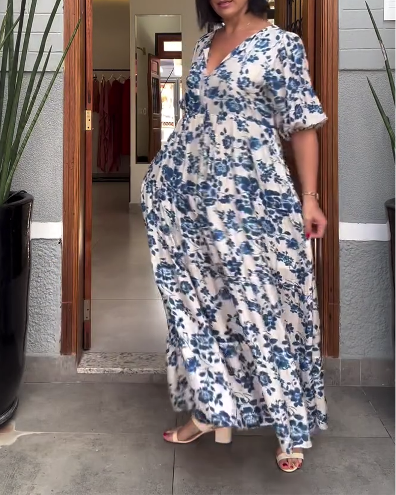 Sukienka Krótki Rękaw Kwiatowy Nadruk