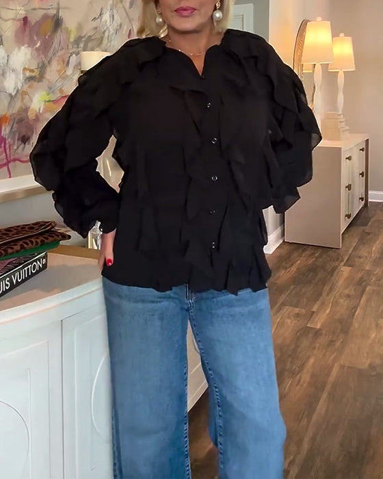 Falbaniasta, Zwiewna Koszula W Jednolitym Kolorze